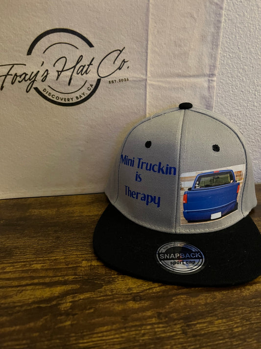Black & Grey Flat Bill Snap Back Mini Truckin is Therapy Hat